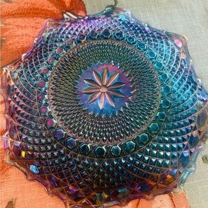 Vintage Indiana Glass Iridescent Blue Carnival Diamond Point Ruffled Bowl